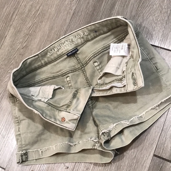 American Eagle “Hi-Rise Shortie” Light Olive Green Distressed Denim Shorts - Picture 6 of 7